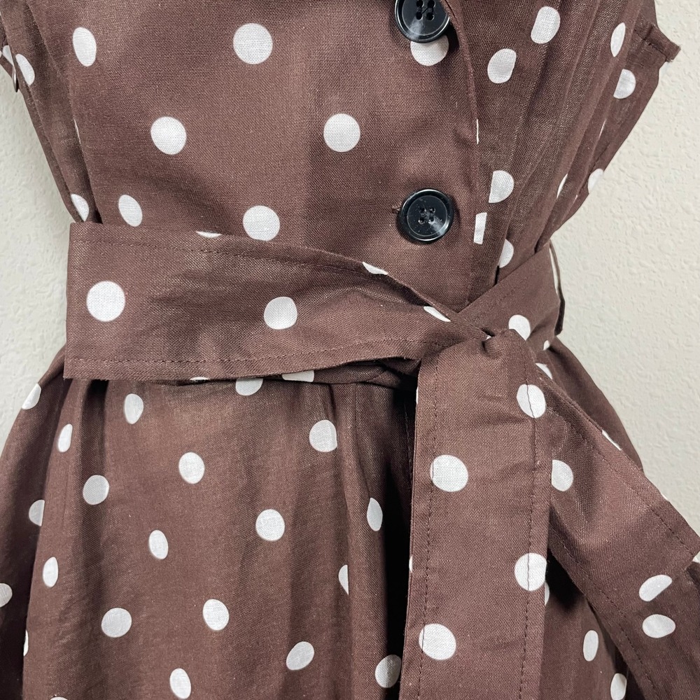 Linen Vibes Polka Dot Midi Dress Women M Brown Rockabilly Feminine Sleeveless - Picture 11 of 11